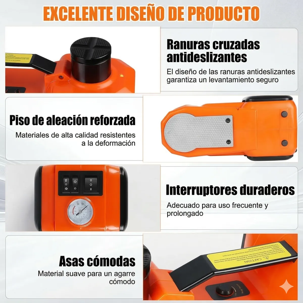 Detalles de diseno del AutoRescue - Base reforzada, ranuras antideslizantes, interruptores duraderos, mangos ergonomicos